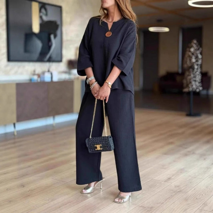 Dames Linnen Tunika Palazzo Broek Set 3/4 Mouw