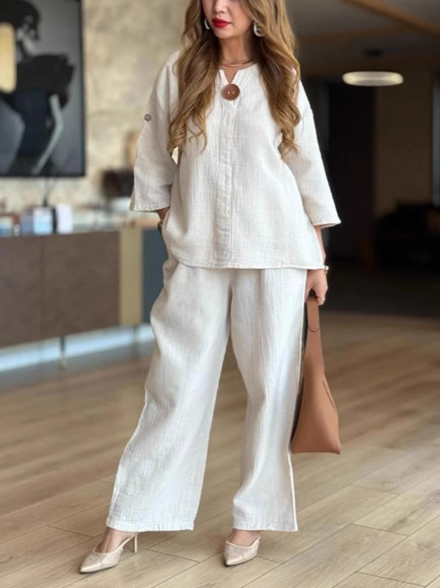 Dames Linnen Tunika Palazzo Broek Set 3/4 Mouw - Wit