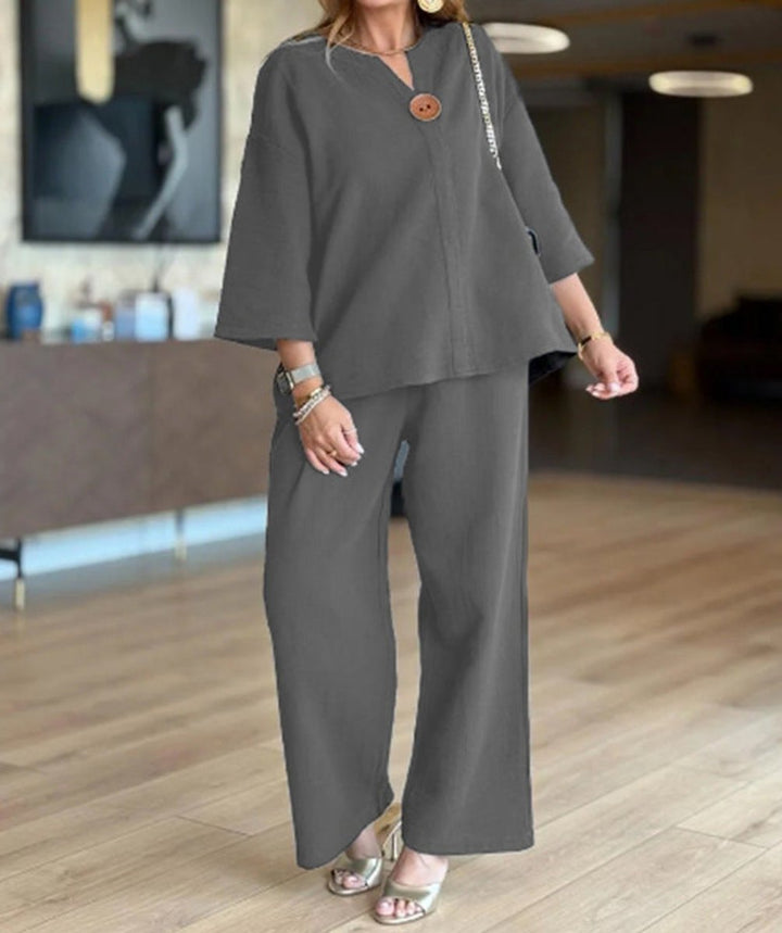 Dames Linnen Tunika Palazzo Broek Set 3/4 Mouw - Grijs