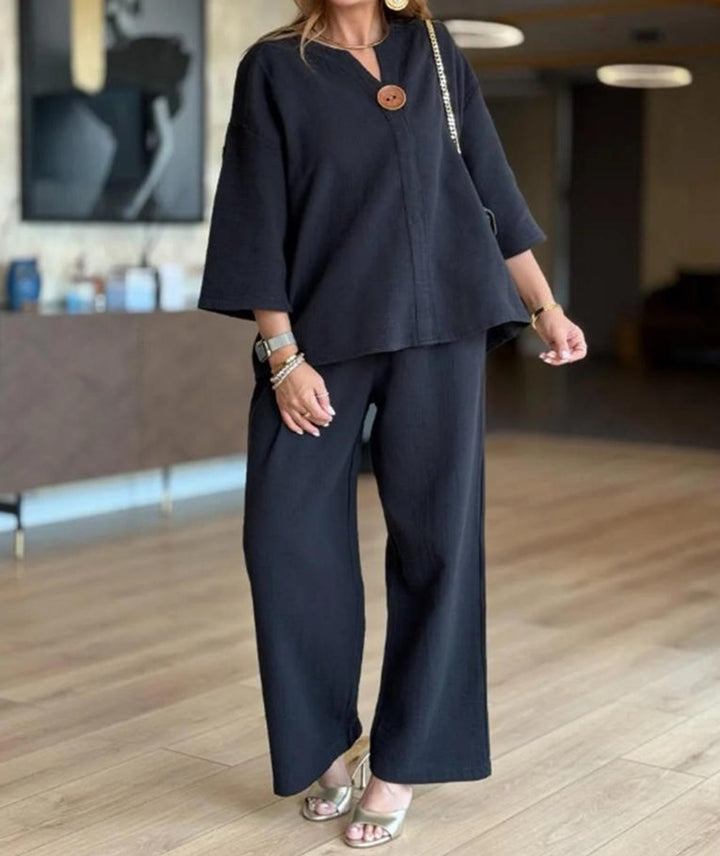 Dames Linnen Tunika Palazzo Broek Set 3/4 Mouw - Zwart