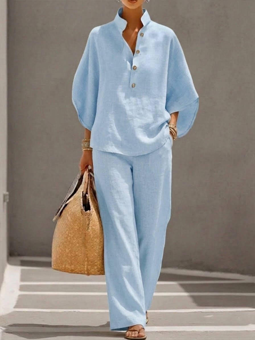 Dames Linnen Tweedelige Set Batwing Top Wijde Pantalon - Light Blue