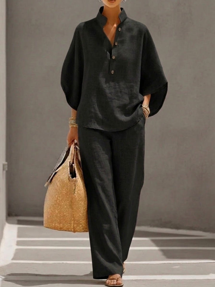 Dames Linnen Tweedelige Set Batwing Top Wijde Pantalon - Black