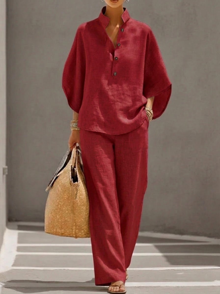 Dames Linnen Tweedelige Set Batwing Top Wijde Pantalon - Red