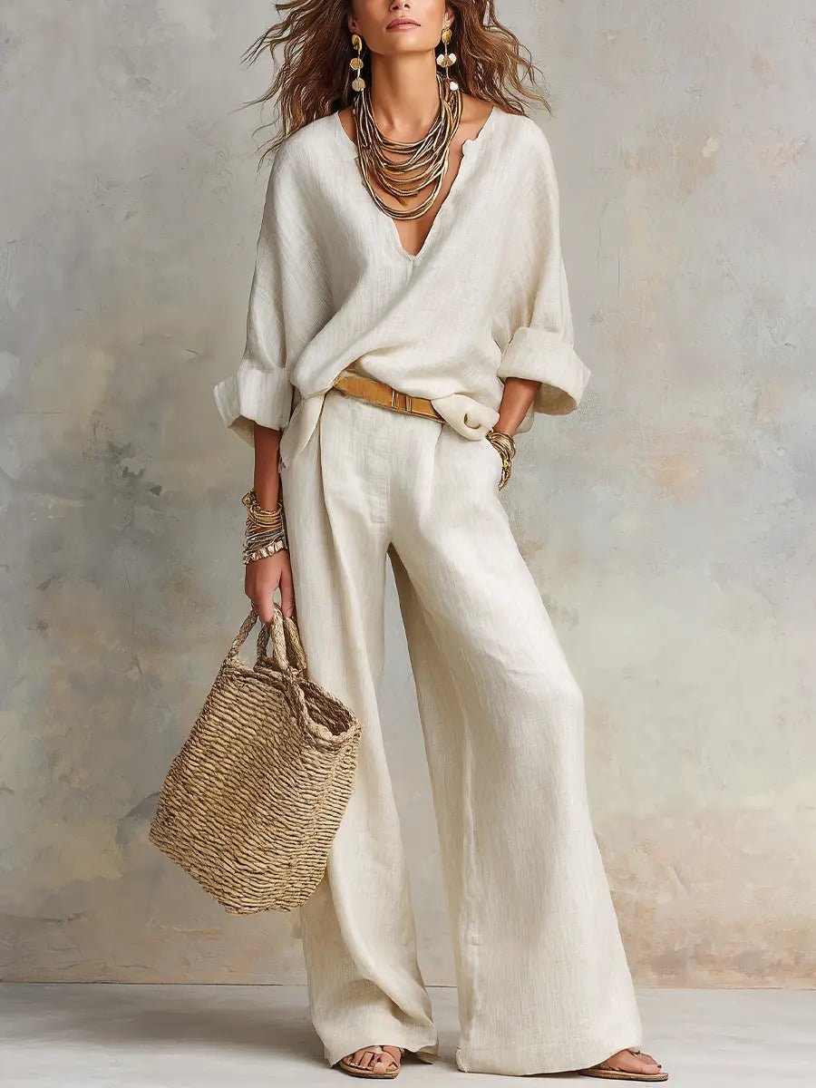 Dames Linnen Tweedelige Set Losse Zomeroutfit - White