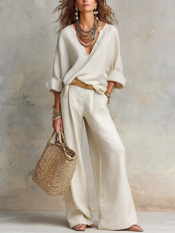 Dames Linnen Tweedelige Set Losse Zomeroutfit - White