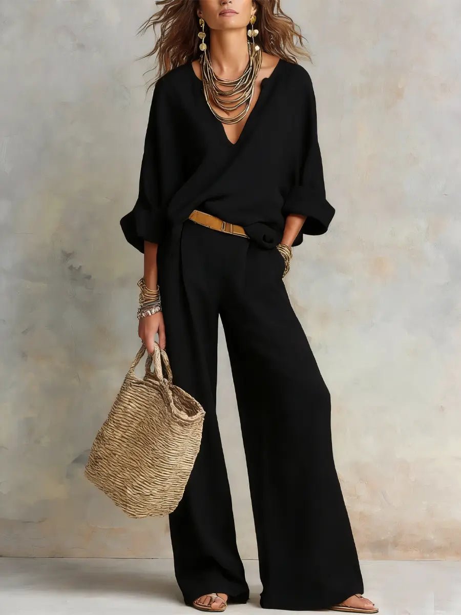 Dames Linnen Tweedelige Set Losse Zomeroutfit - Black
