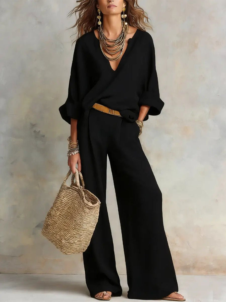 Dames Linnen Tweedelige Set Losse Zomeroutfit - Black
