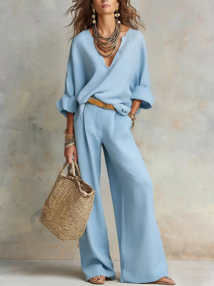 Dames Linnen Tweedelige Set Losse Zomeroutfit - Blue