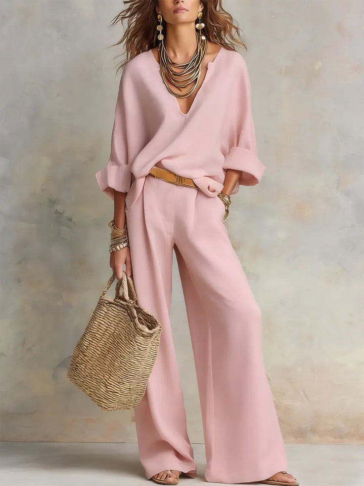 Dames Linnen Tweedelige Set Losse Zomeroutfit - Pink