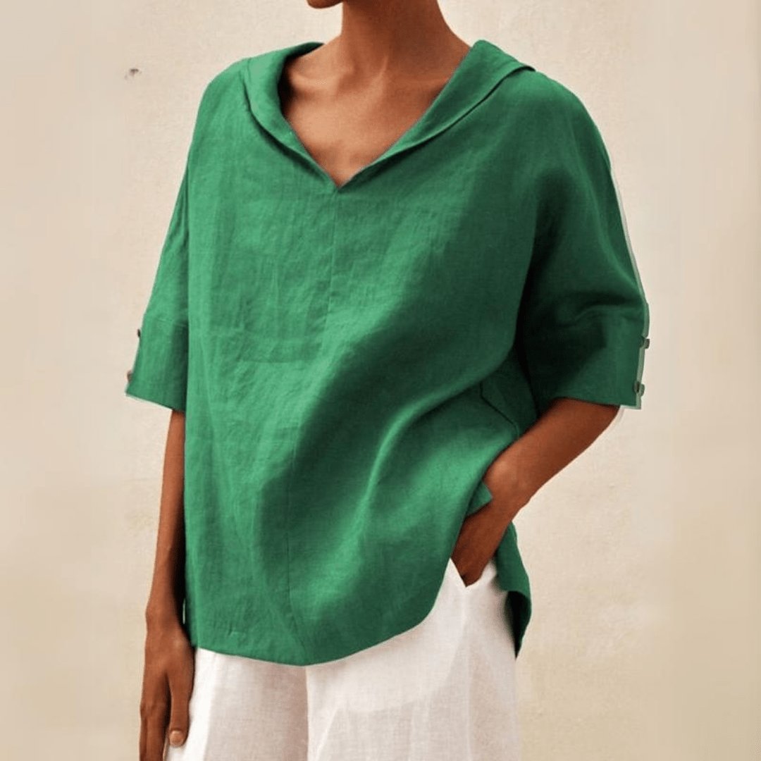 Dames Linnen V-Hals Tuniek Top met Kraag - Green