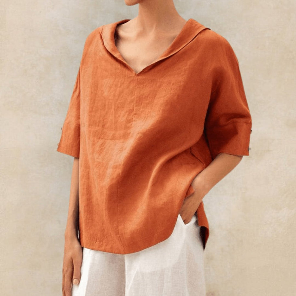 Dames Linnen V-Hals Tuniek Top met Kraag - Orange