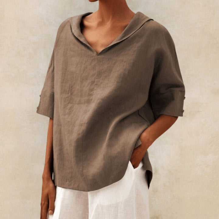 Dames Linnen V-Hals Tuniek Top met Kraag - Brown