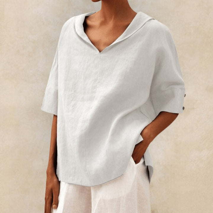 Dames Linnen V-Hals Tuniek Top met Kraag - White