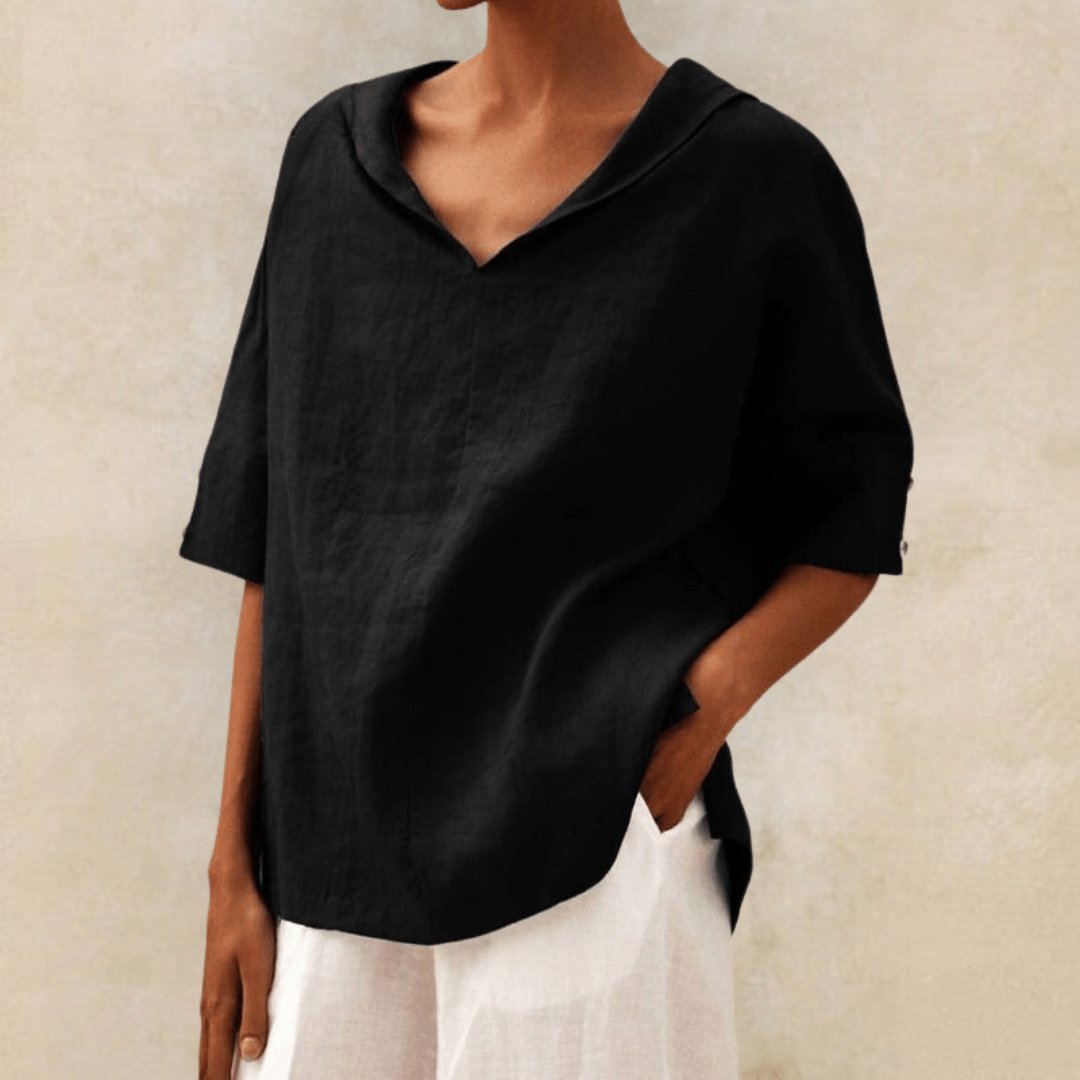 Dames Linnen V-Hals Tuniek Top met Kraag - Black