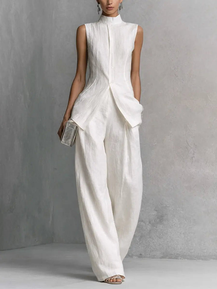 Dames Linnen Wide-Leg Broek Set Staande Kraag - White
