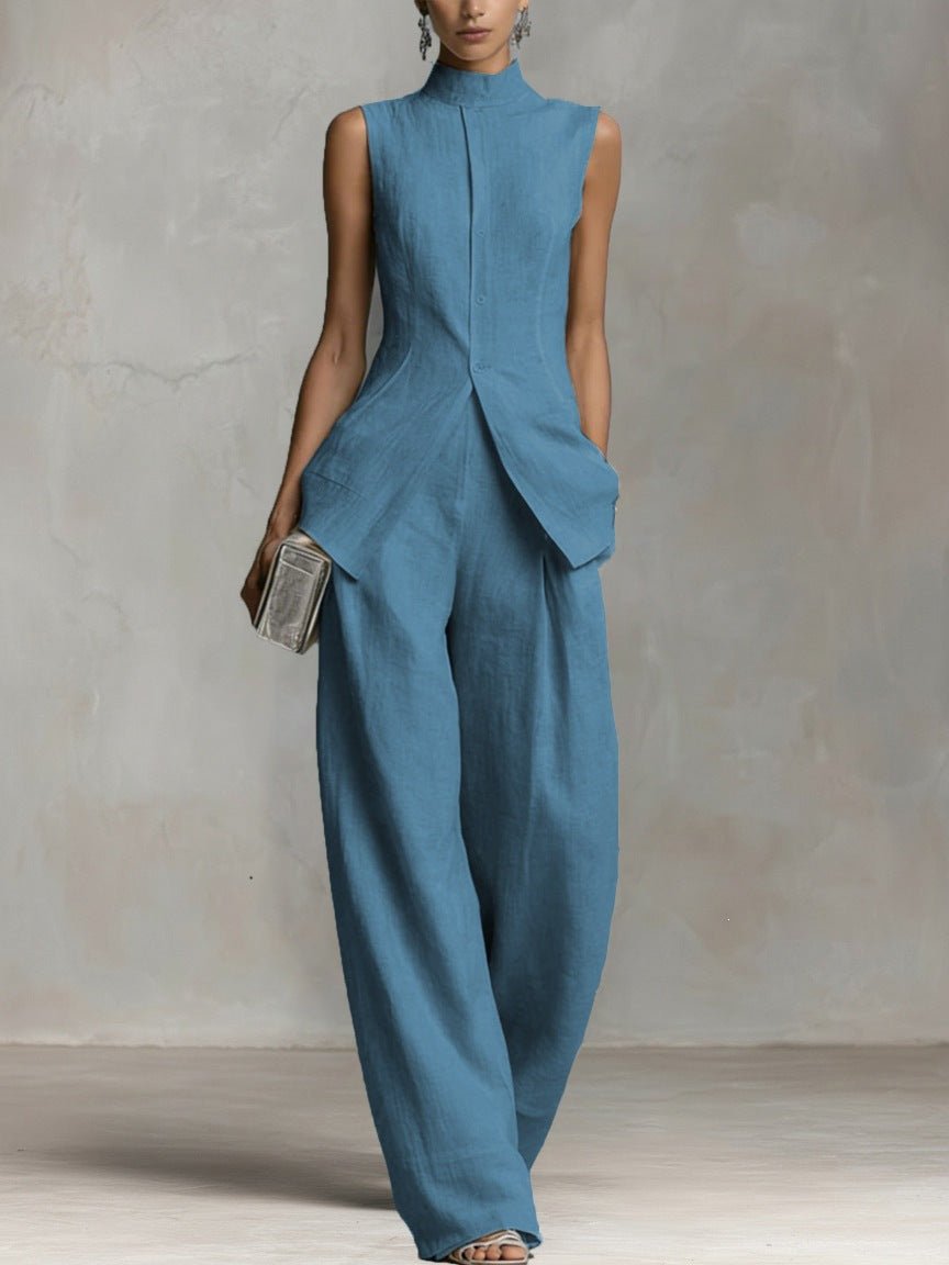 Dames Linnen Wide-Leg Broek Set Staande Kraag - Lake Blue