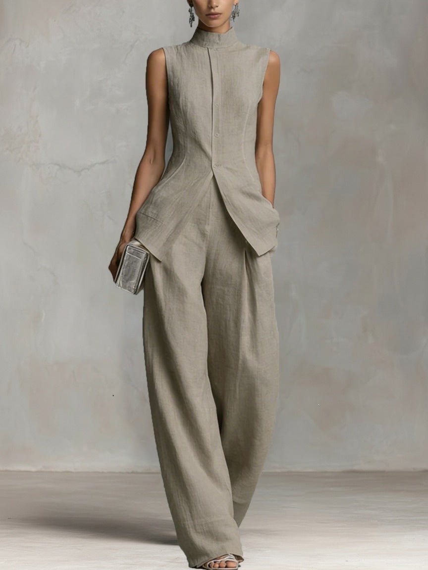 Dames Linnen Wide-Leg Broek Set Staande Kraag - Grey