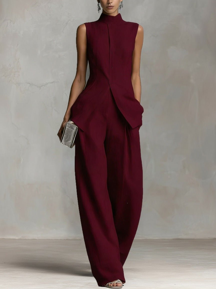 Dames Linnen Wide-Leg Broek Set Staande Kraag - Burgundy