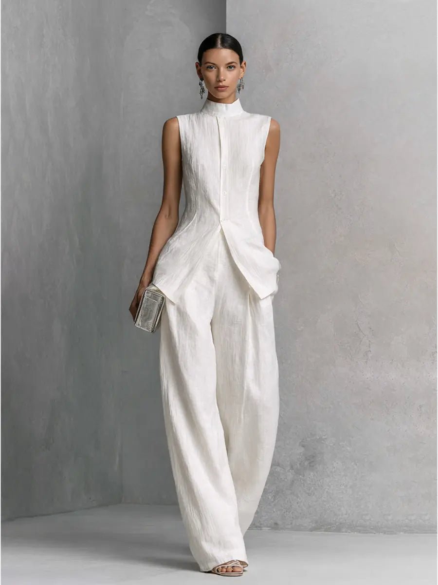 Dames Linnen Wide-Leg Broek Set Staande Kraag