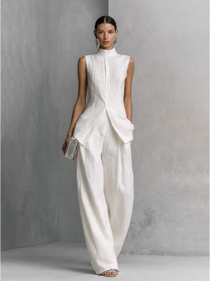 Dames Linnen Wide-Leg Broek Set Staande Kraag