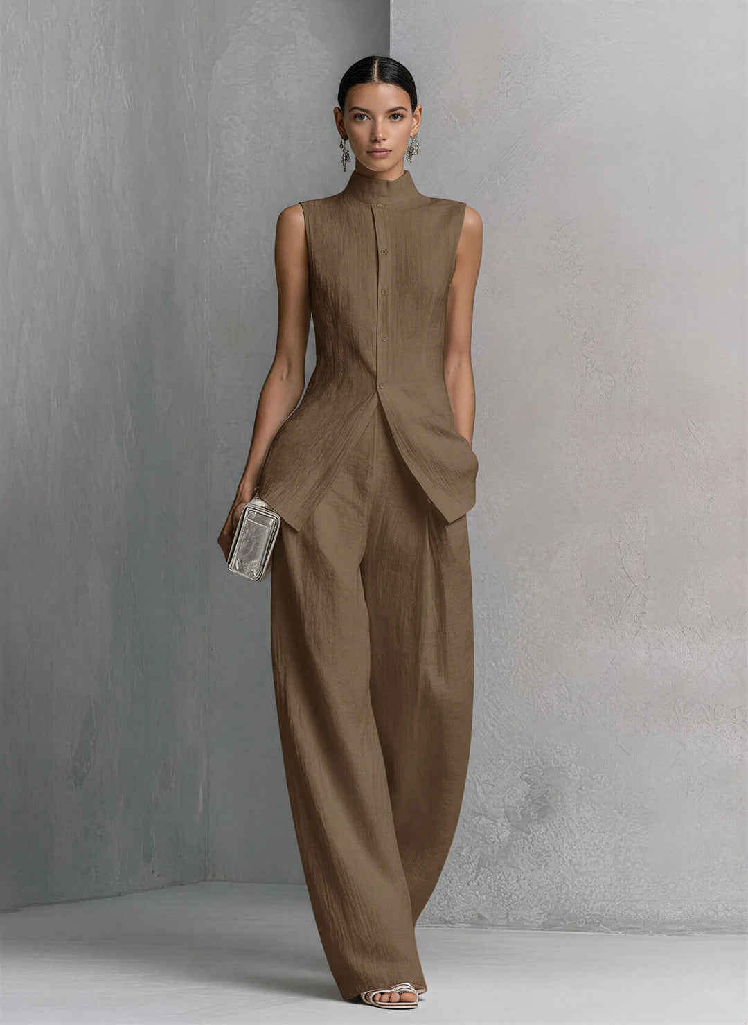 Dames Linnen Wide-Leg Broek Set Staande Kraag - Khaki