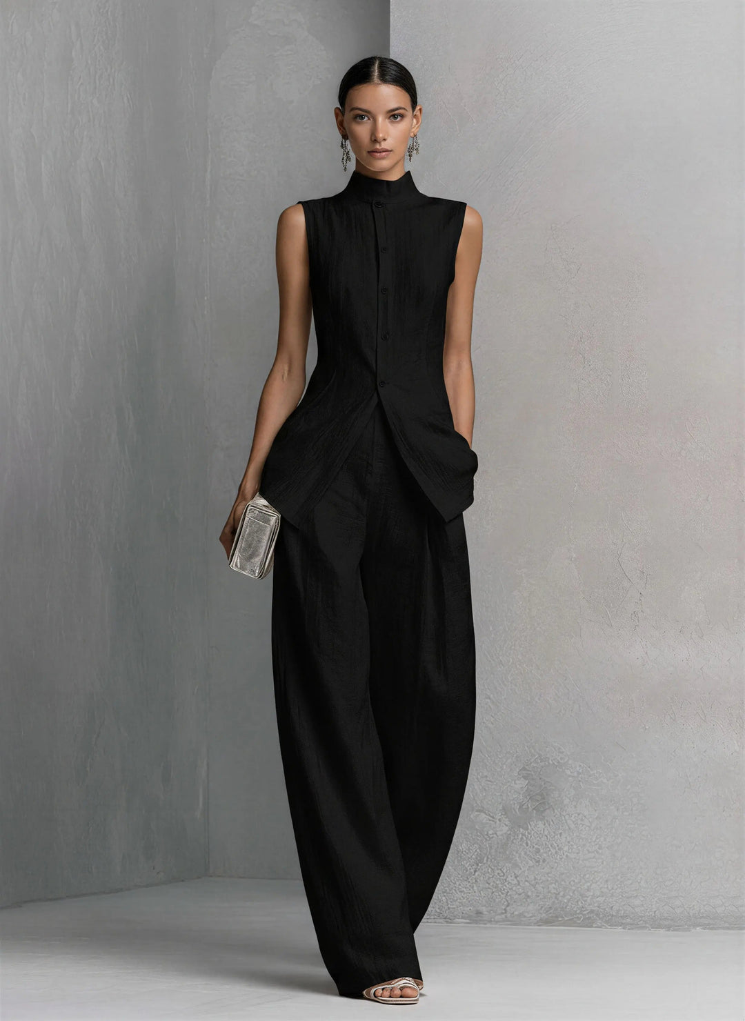 Dames Linnen Wide-Leg Broek Set Staande Kraag - Black