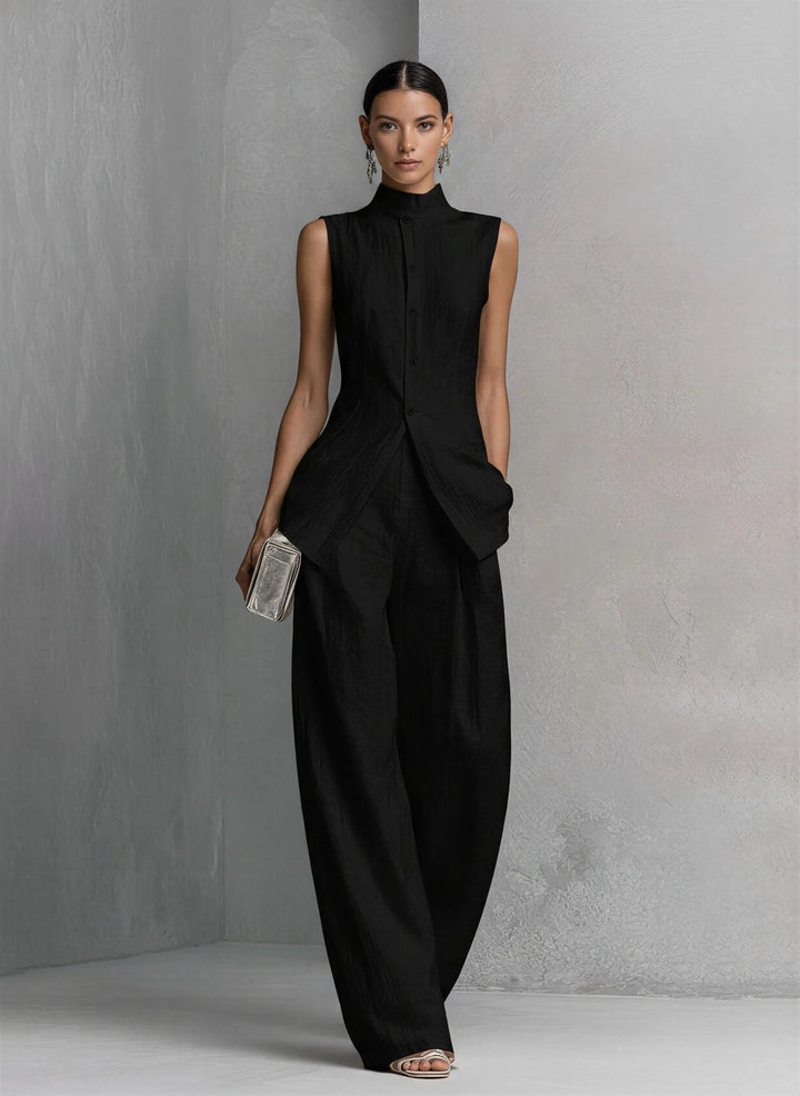 Dames Linnen Wide-Leg Broek Set Staande Kraag - Black
