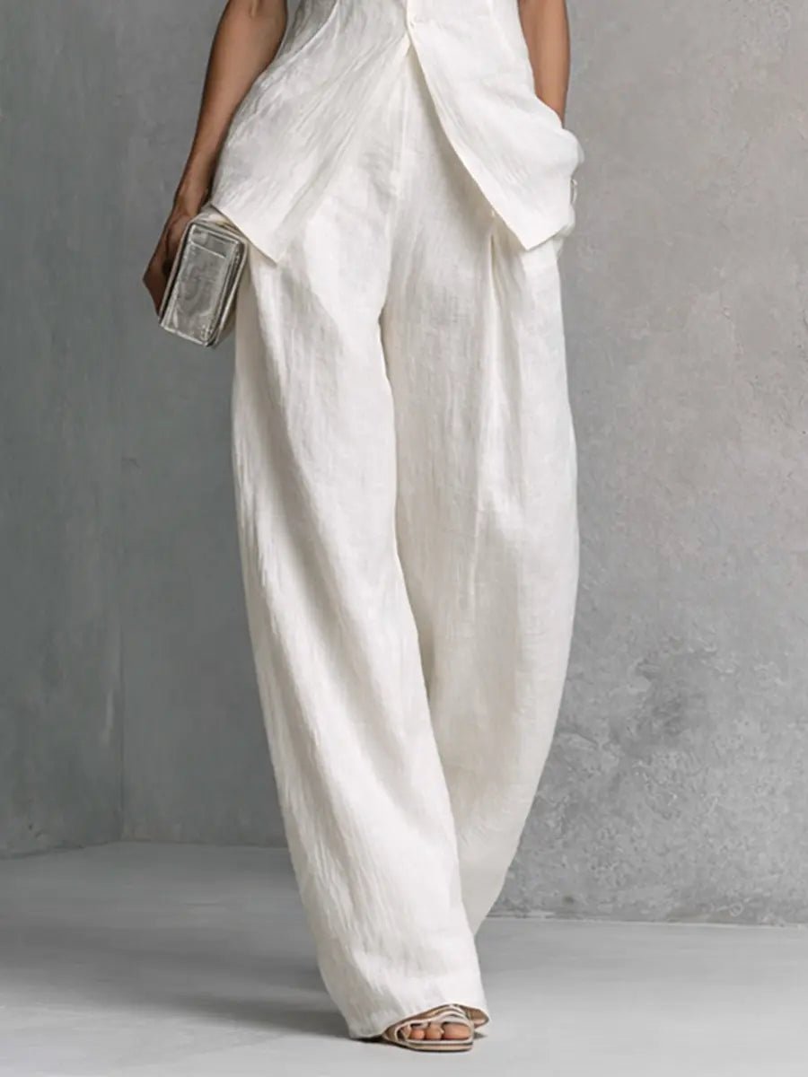Dames Linnen Wide-Leg Broek Set Staande Kraag