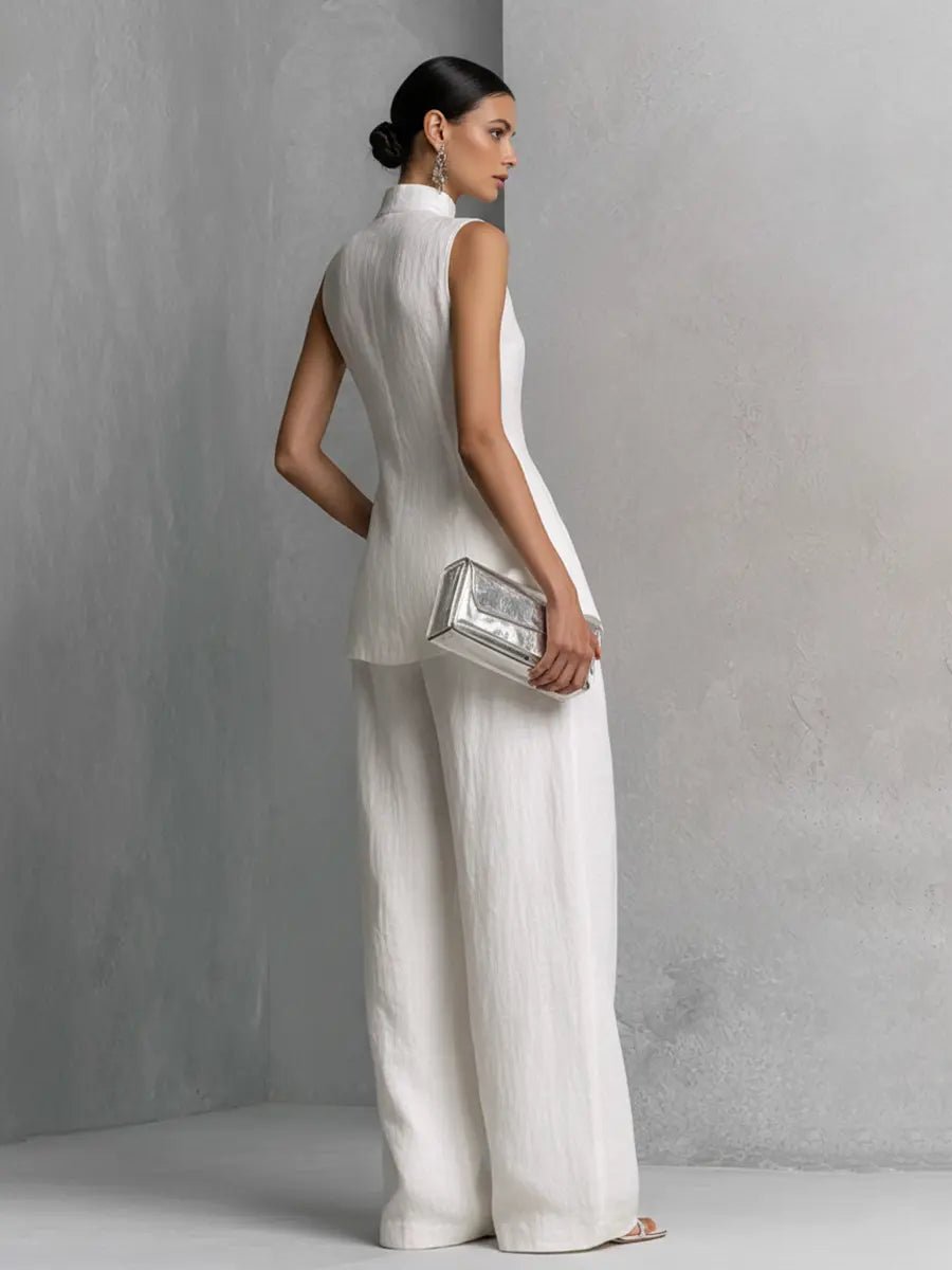 Dames Linnen Wide-Leg Broek Set Staande Kraag