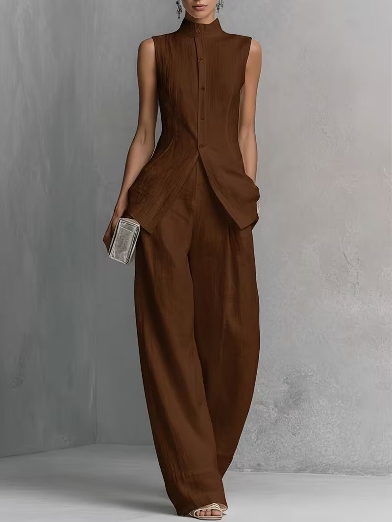 Dames Linnen Wide-Leg Broek Set Staande Kraag - Brown