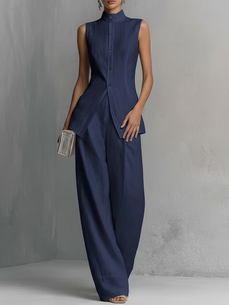 Dames Linnen Wide-Leg Broek Set Staande Kraag - Dark Blue