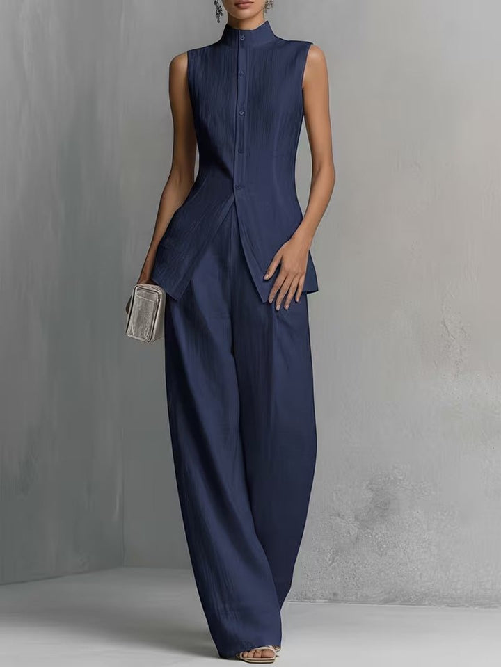 Dames Linnen Wide-Leg Broek Set Staande Kraag - Dark Blue