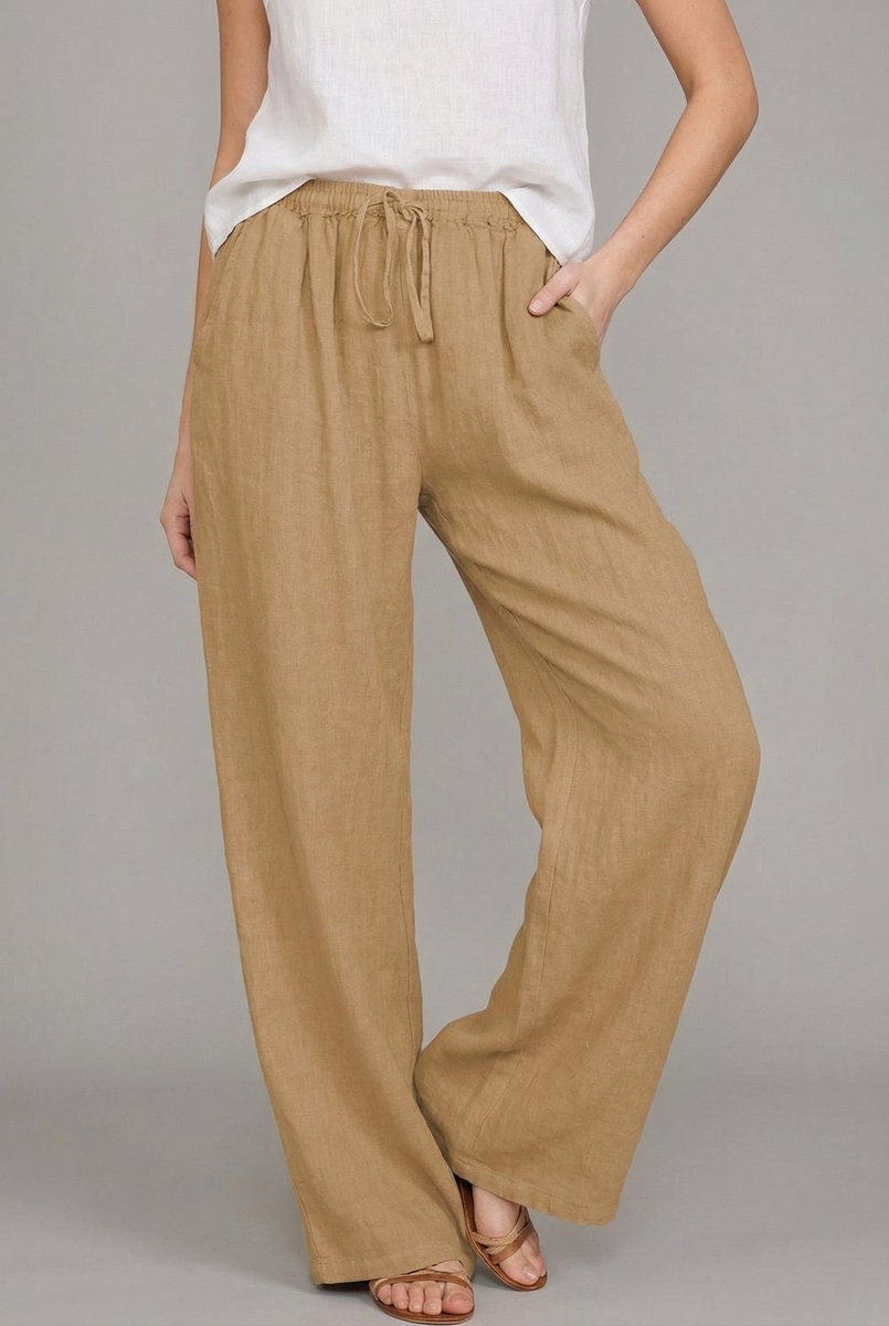 Dames Linnen Wide Leg Pants Elastische Taille Zomerbroek - Khaki