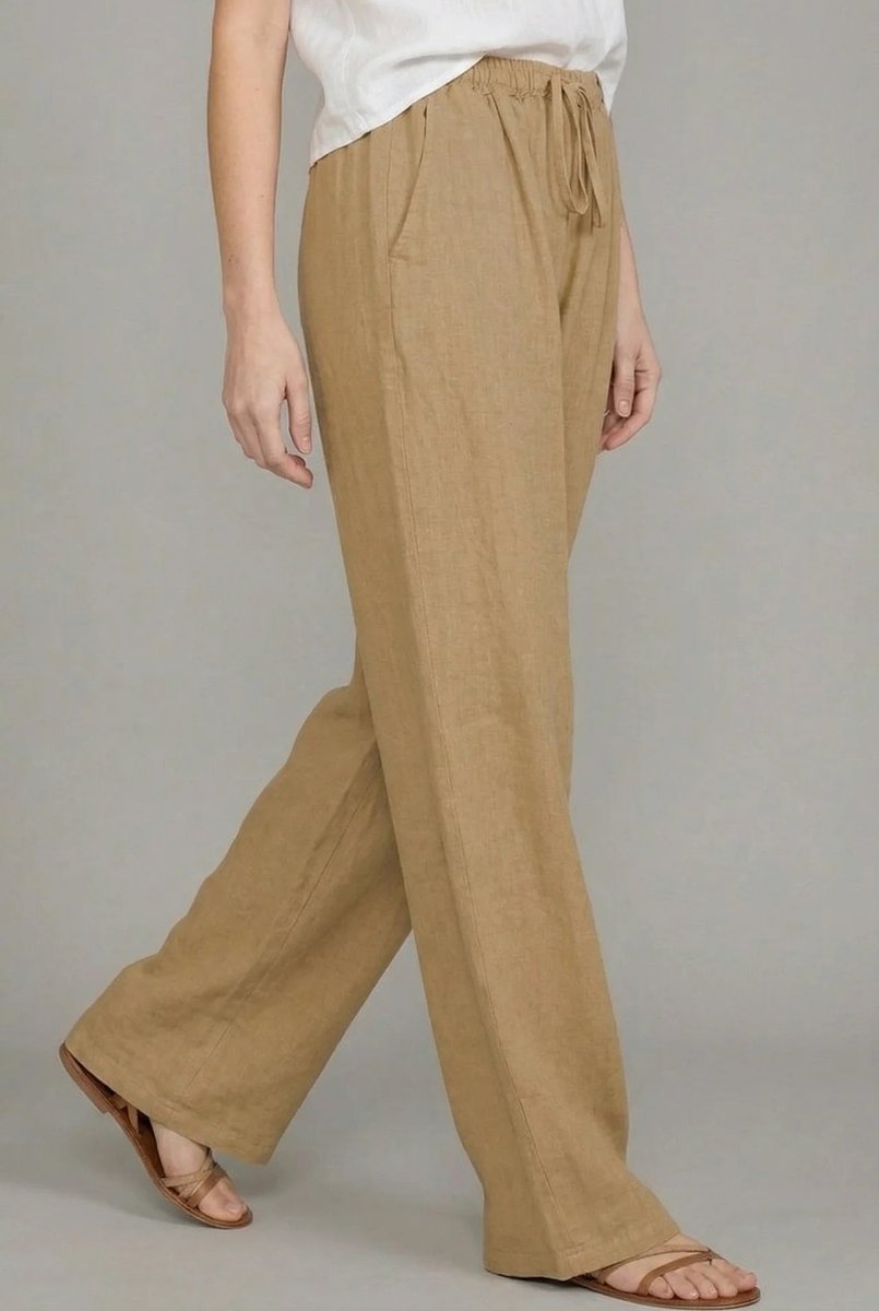 Dames Linnen Wide Leg Pants Elastische Taille Zomerbroek