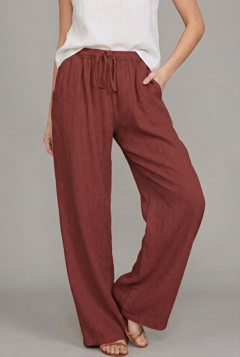Dames Linnen Wide Leg Pants Elastische Taille Zomerbroek - Wijnrood
