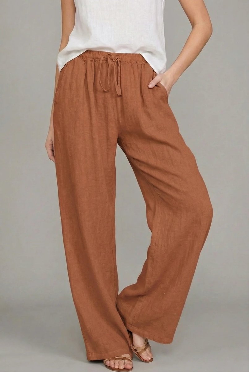Dames Linnen Wide Leg Pants Elastische Taille Zomerbroek - Oranje