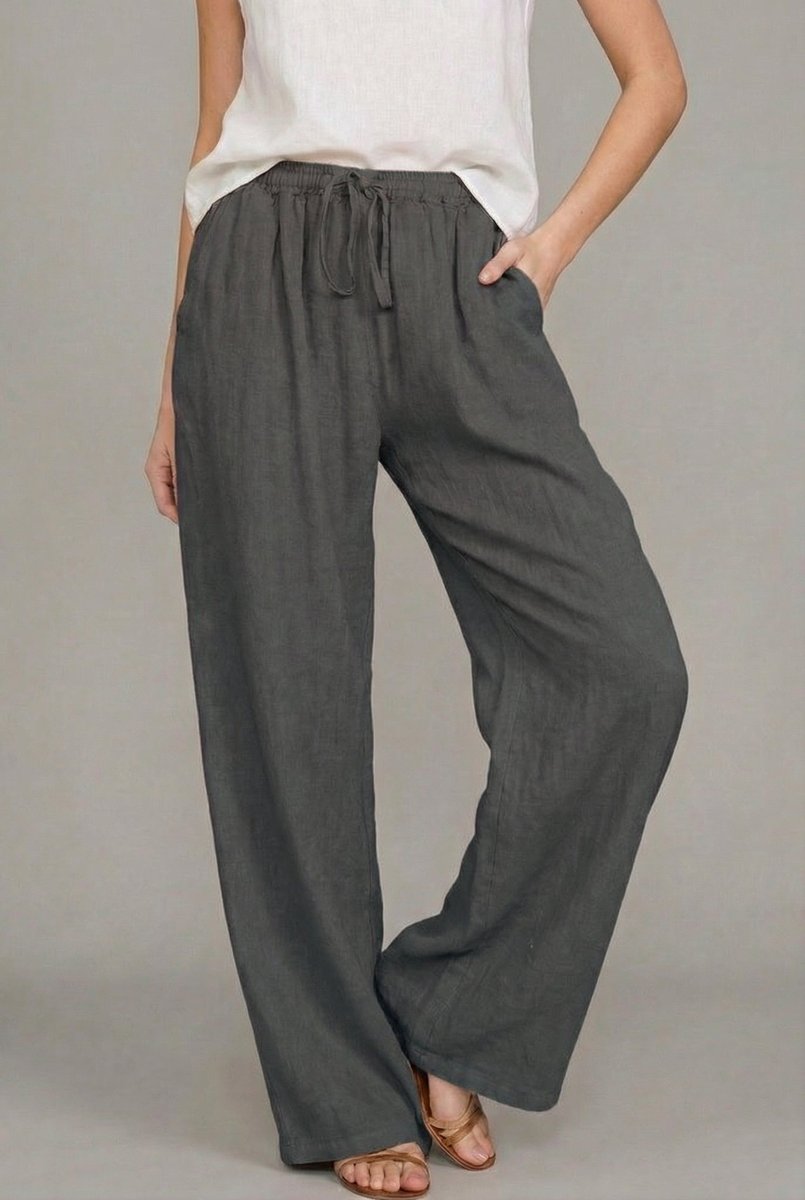Dames Linnen Wide Leg Pants Elastische Taille Zomerbroek - Donkergrijs