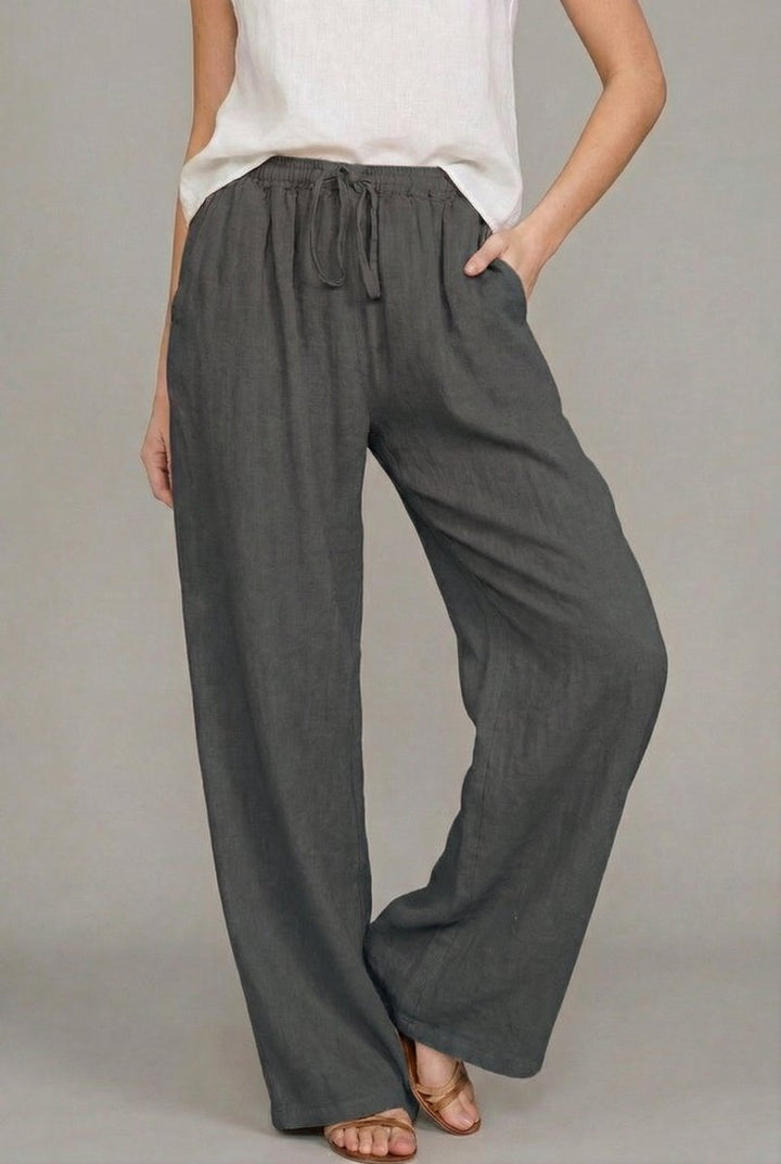 Dames Linnen Wide Leg Pants Elastische Taille Zomerbroek - Donkergrijs