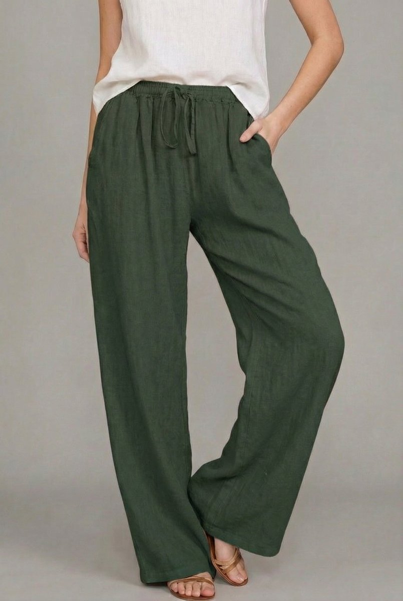 Dames Linnen Wide Leg Pants Elastische Taille Zomerbroek - Groen