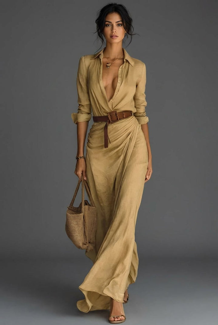 Dames Linnen Wikkel Lange Mouw Maxi Jurk - Khaki