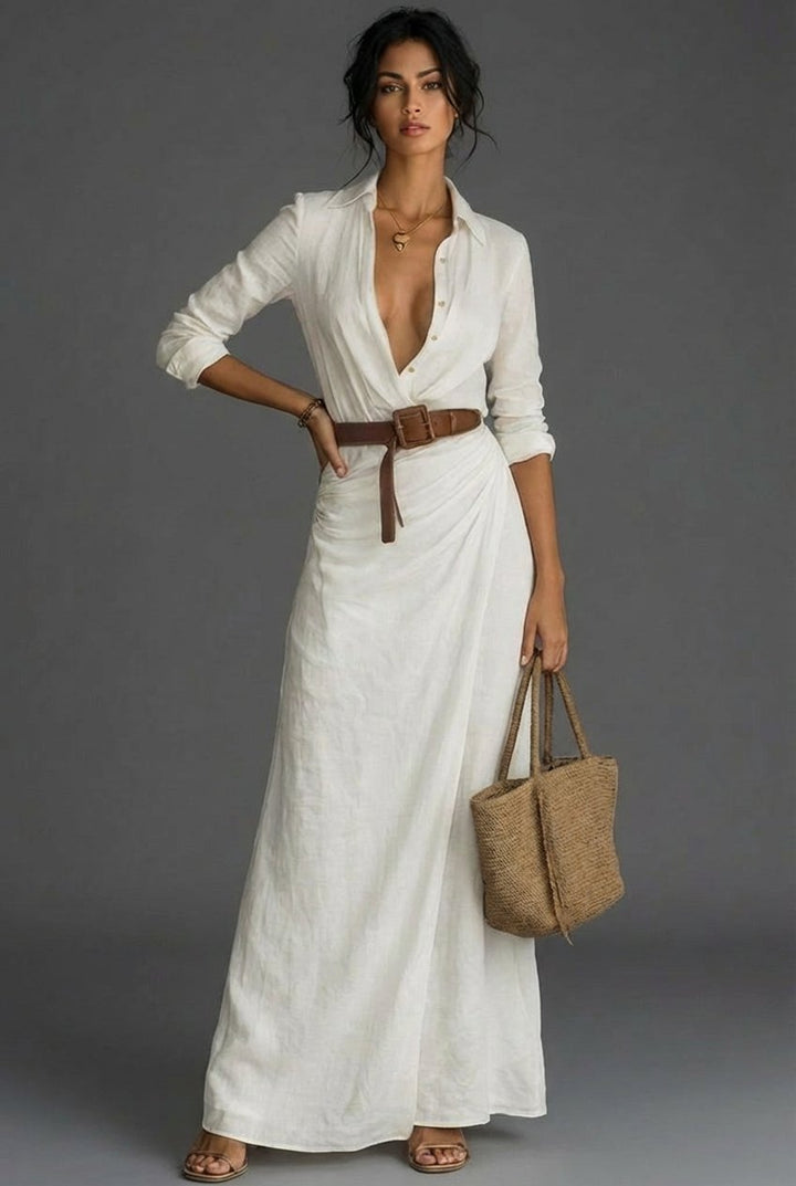 Dames Linnen Wikkel Lange Mouw Maxi Jurk - White