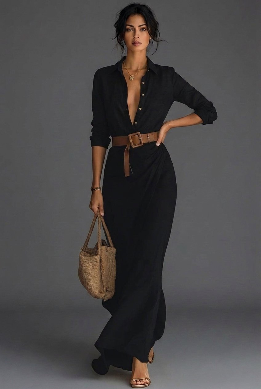 Dames Linnen Wikkel Lange Mouw Maxi Jurk - Black