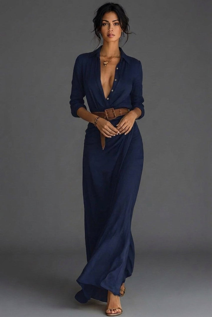 Dames Linnen Wikkel Lange Mouw Maxi Jurk - Navy Blue