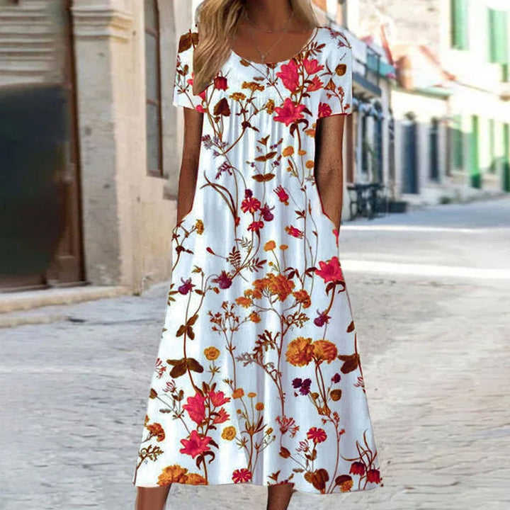 Dames Losse Bloemenprint Midi-jurk met Korte Mouwen - Rood