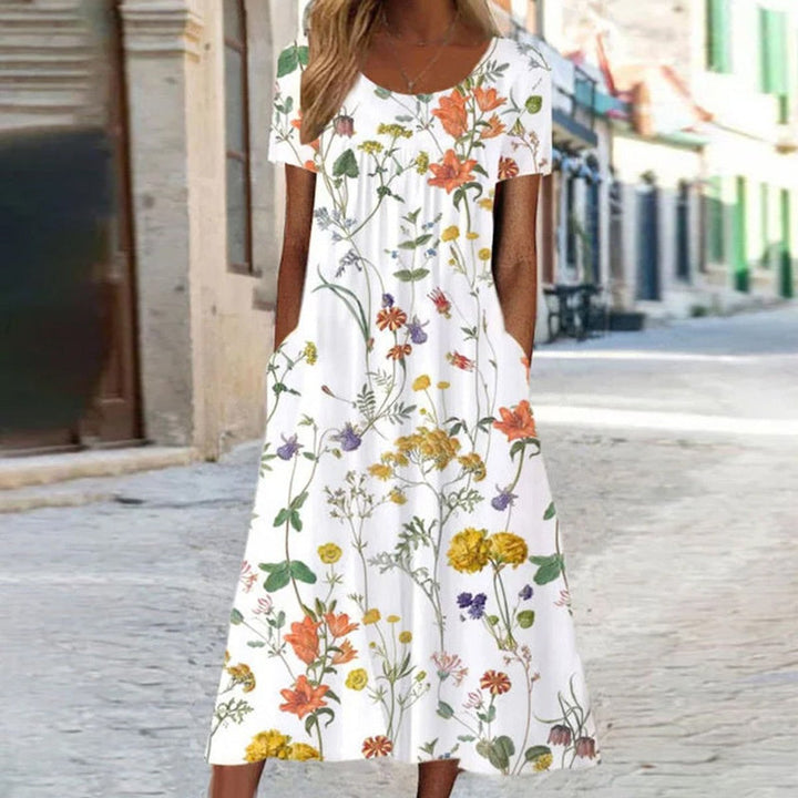 Dames Losse Bloemenprint Midi-jurk met Korte Mouwen - Wit