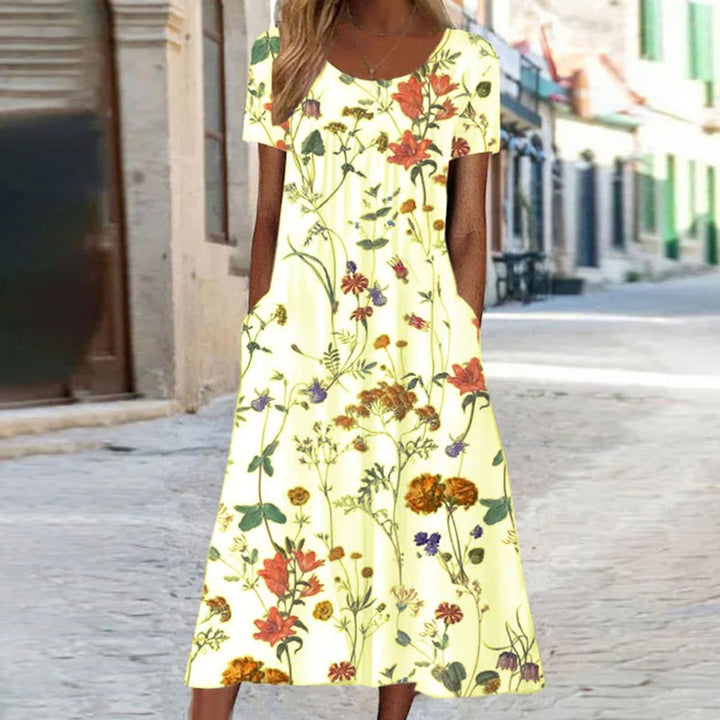 Dames Losse Bloemenprint Midi-jurk met Korte Mouwen - Geel
