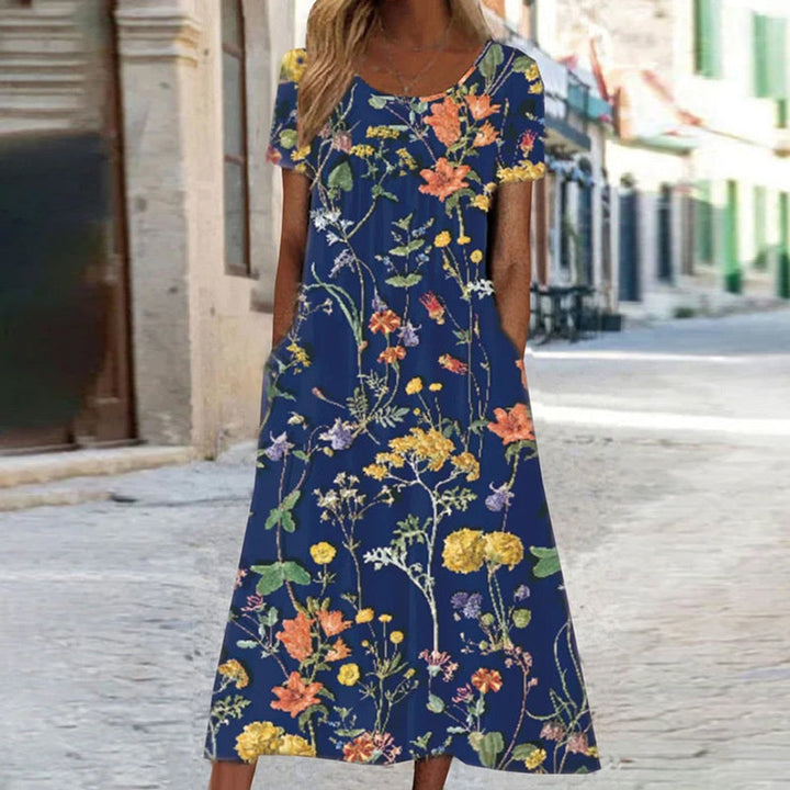 Dames Losse Bloemenprint Midi-jurk met Korte Mouwen - Donkerblauw