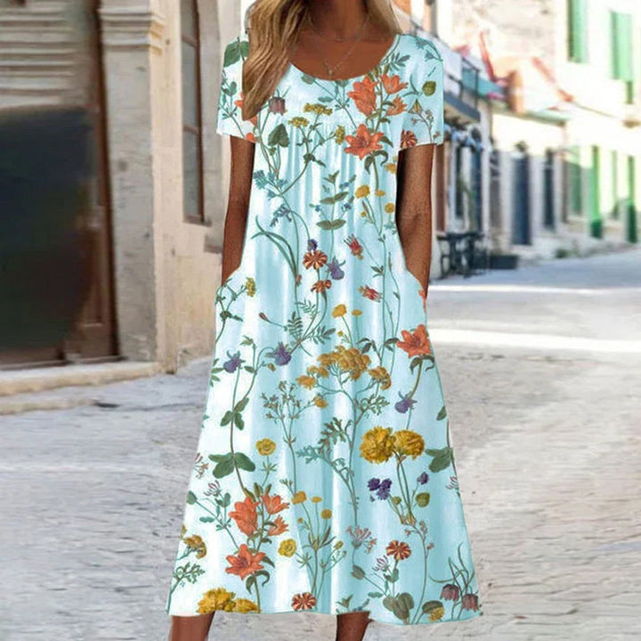 Dames Losse Bloemenprint Midi-jurk met Korte Mouwen - Lichtblauw