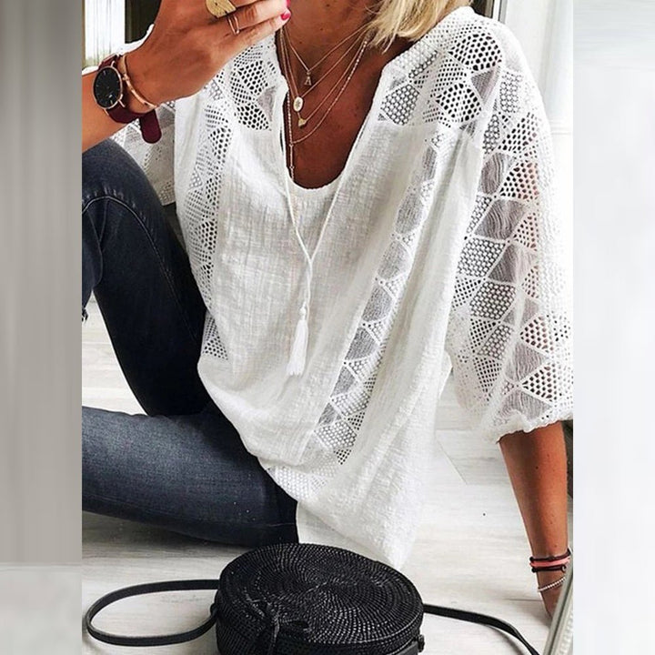 Dames Losse Boho Blouse Driekwart Mouw Haakwerk Detail - White(Only 3 left!)
