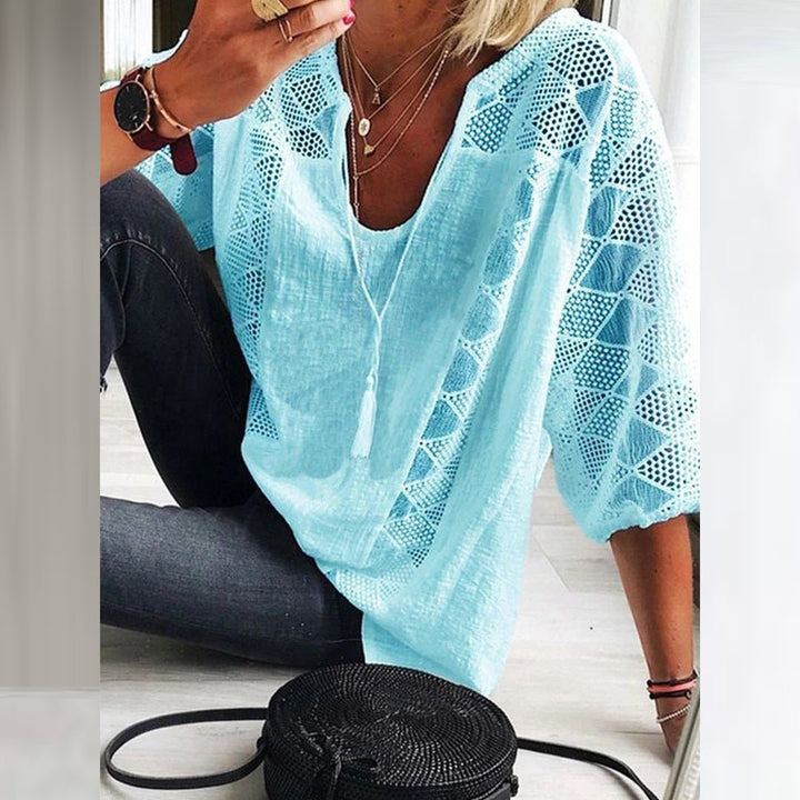 Dames Losse Boho Blouse Driekwart Mouw Haakwerk Detail - Light Blue (Only 2 left!)